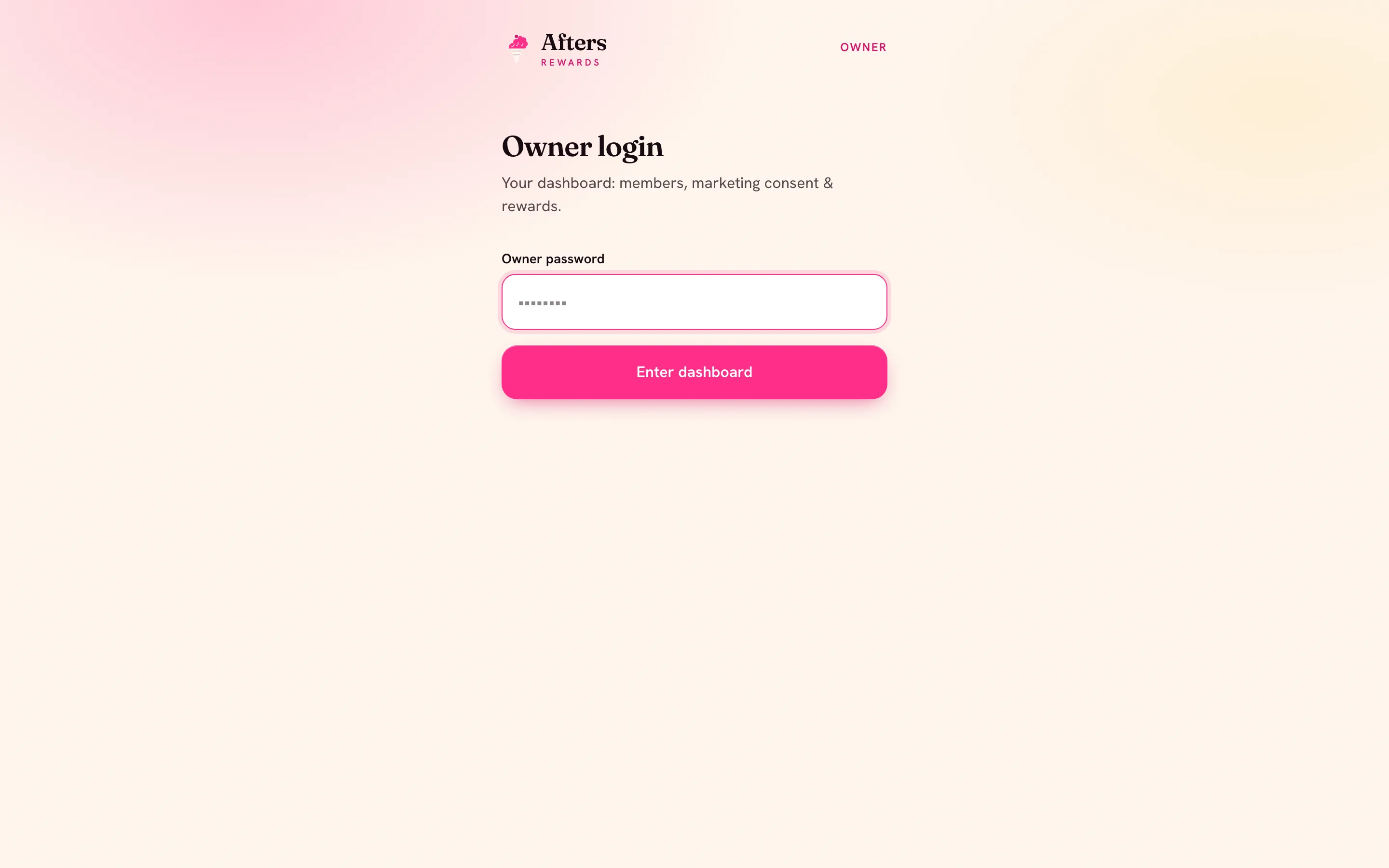 The password-gated owner login for Afters Rewards