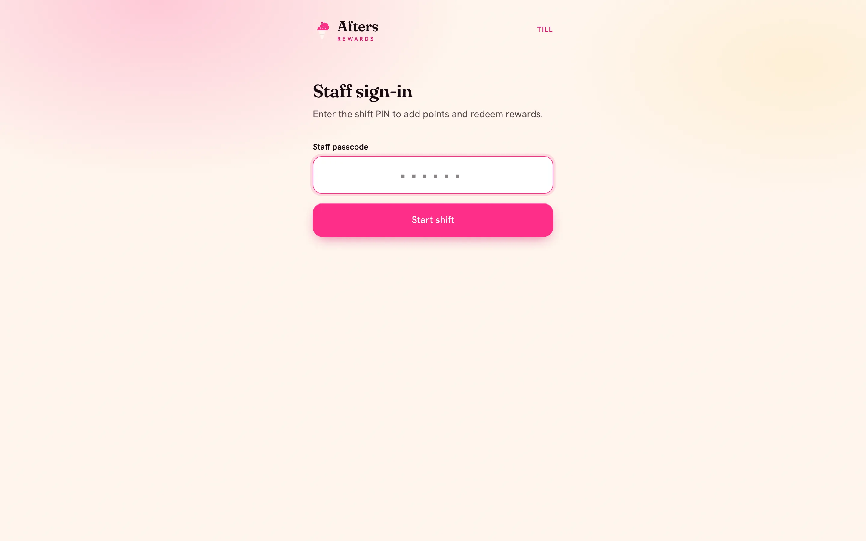 The PIN-gated staff sign-in for Afters Rewards